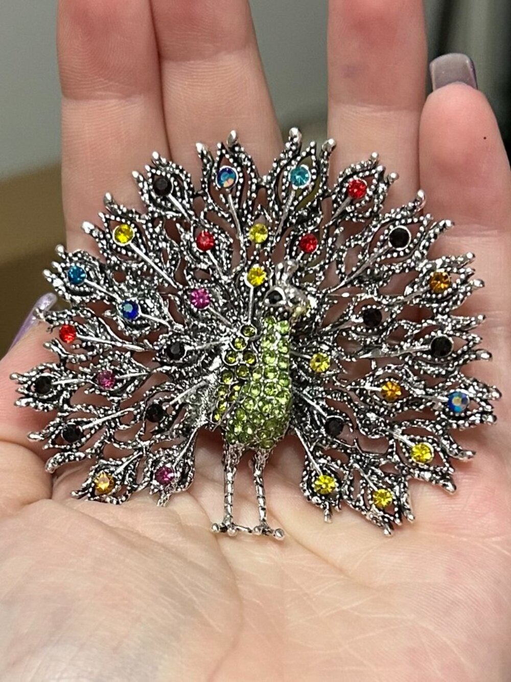 Antique Silver Tone Multicolor Rhinestone Peacock Brooch Pin Statement